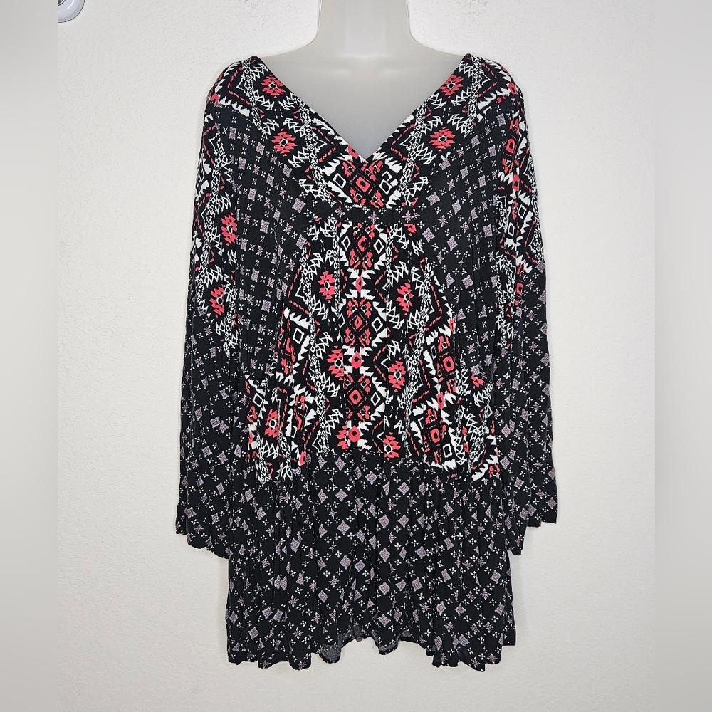 Umgee Boho Aztec Southwestern Print Tiered Hem Surplice Flowy Cotton Mini Dress